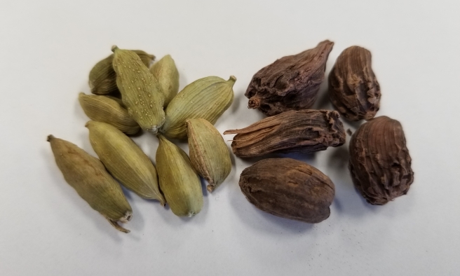 green and black cardamom seed pods