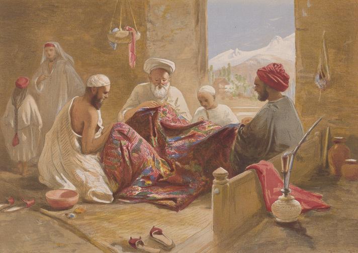Painting of shawl makers in Kashmir, 1867, by William Simpsom
