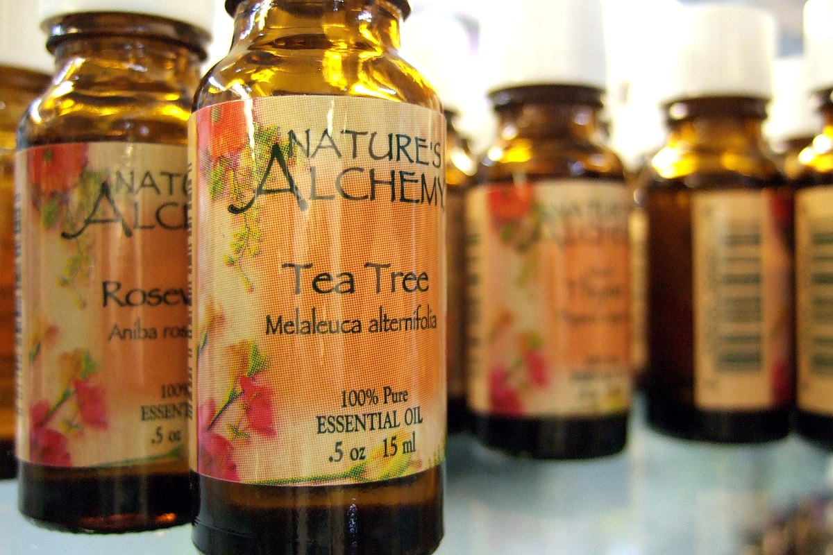 A brown bottle of tea tree (Melaleuca alternifola) essential oil