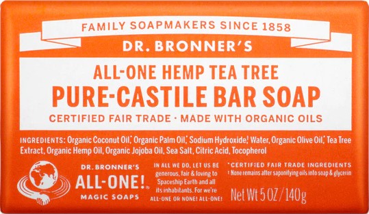 A bar of Dr. Bronner's tea tree castile soap in an orange wrapper