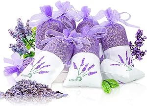 Purple mesh bags and embroidered sachets full of lavender flowers